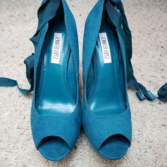 Jennifer Lopez teal peep-toe platform wedges - Picture 2 of 4